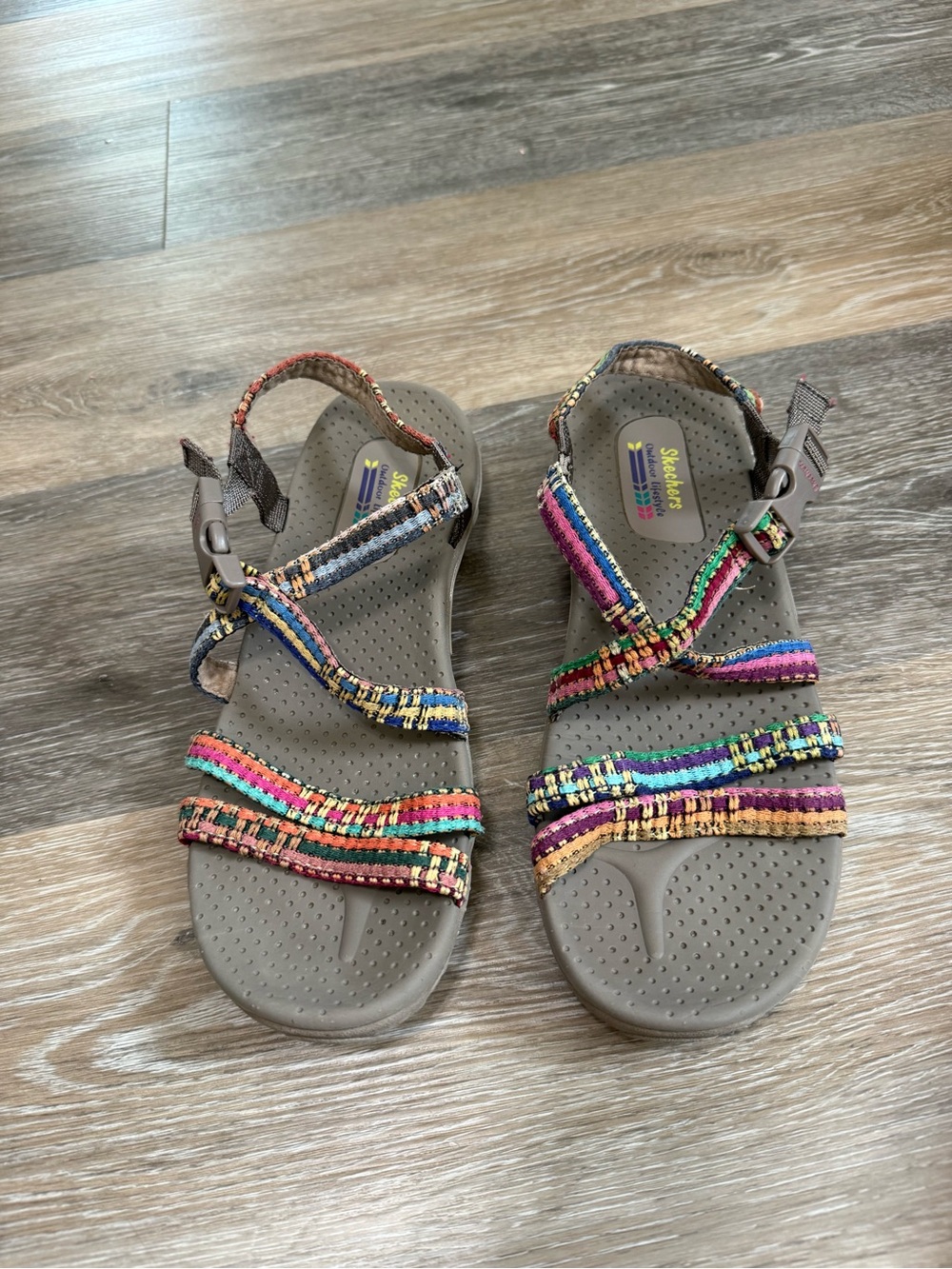 Skechers Women’s Gray Sandals with Multicolor Woven Straps
